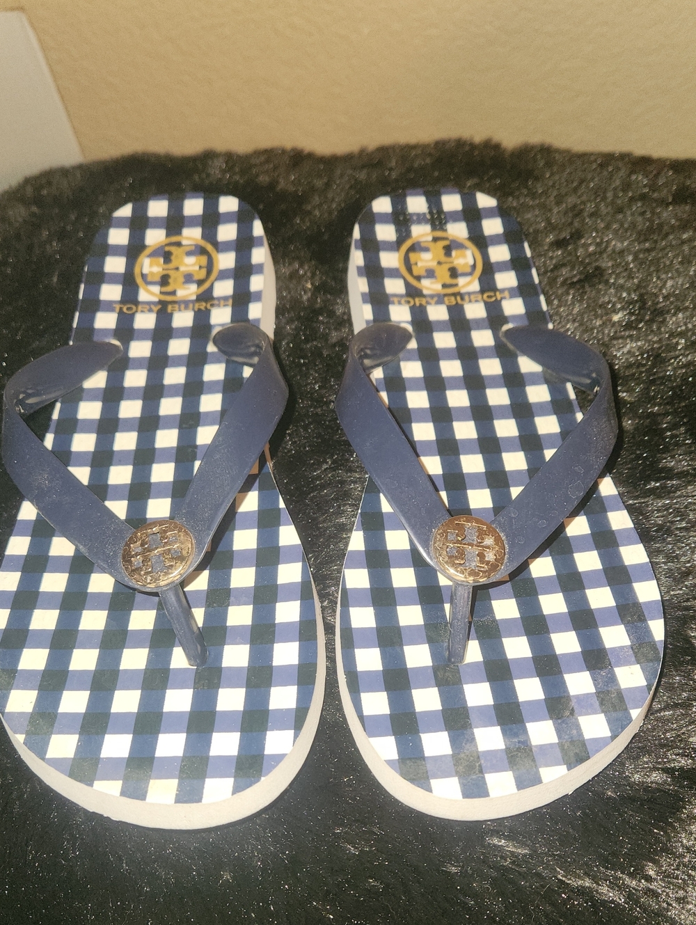 Tory Burch Kids Navy Gingham Flip Flops with Gold Logo